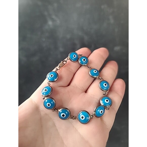 925 Sterling Silver Evil Eye Beaded Blue Glass Bracelet Vintage - Picture 1 of 10